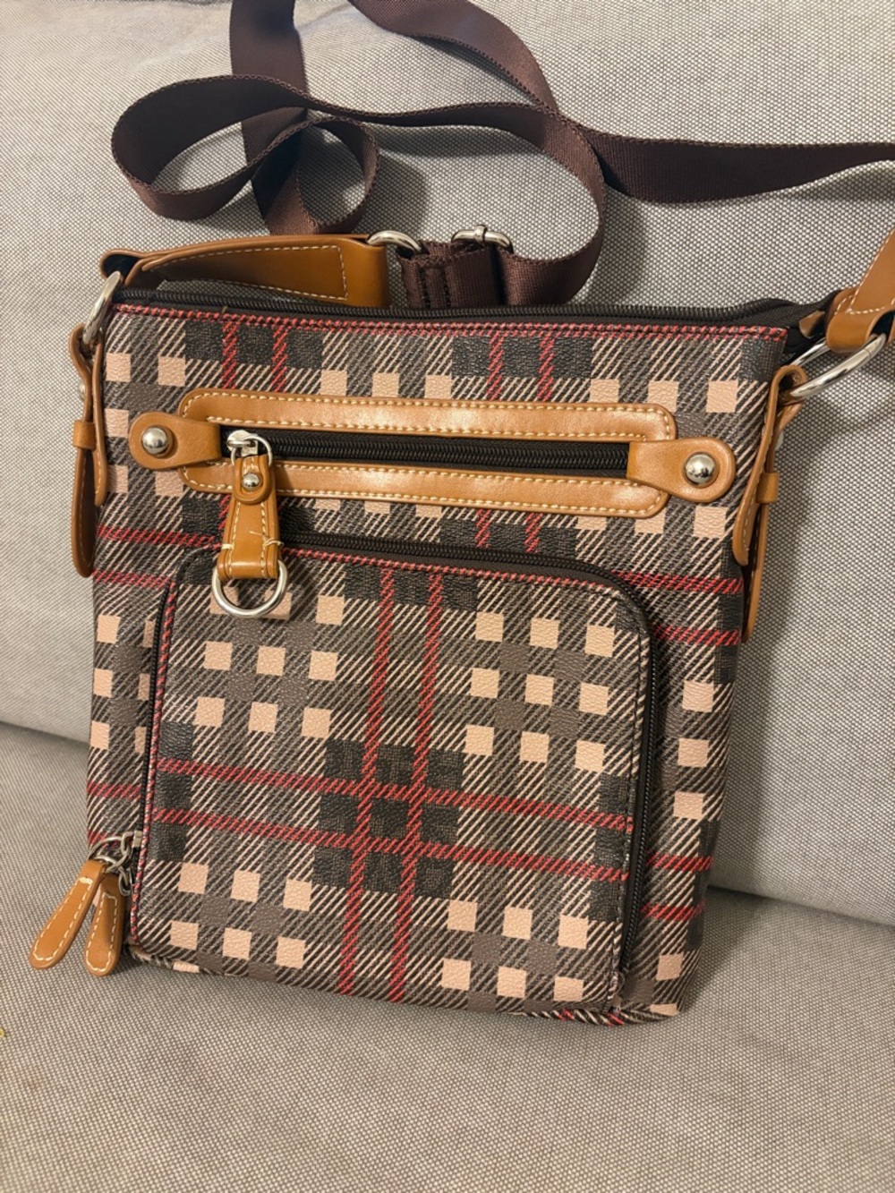Giani Bernini Brown Plaid Crossbody with Tan Trim